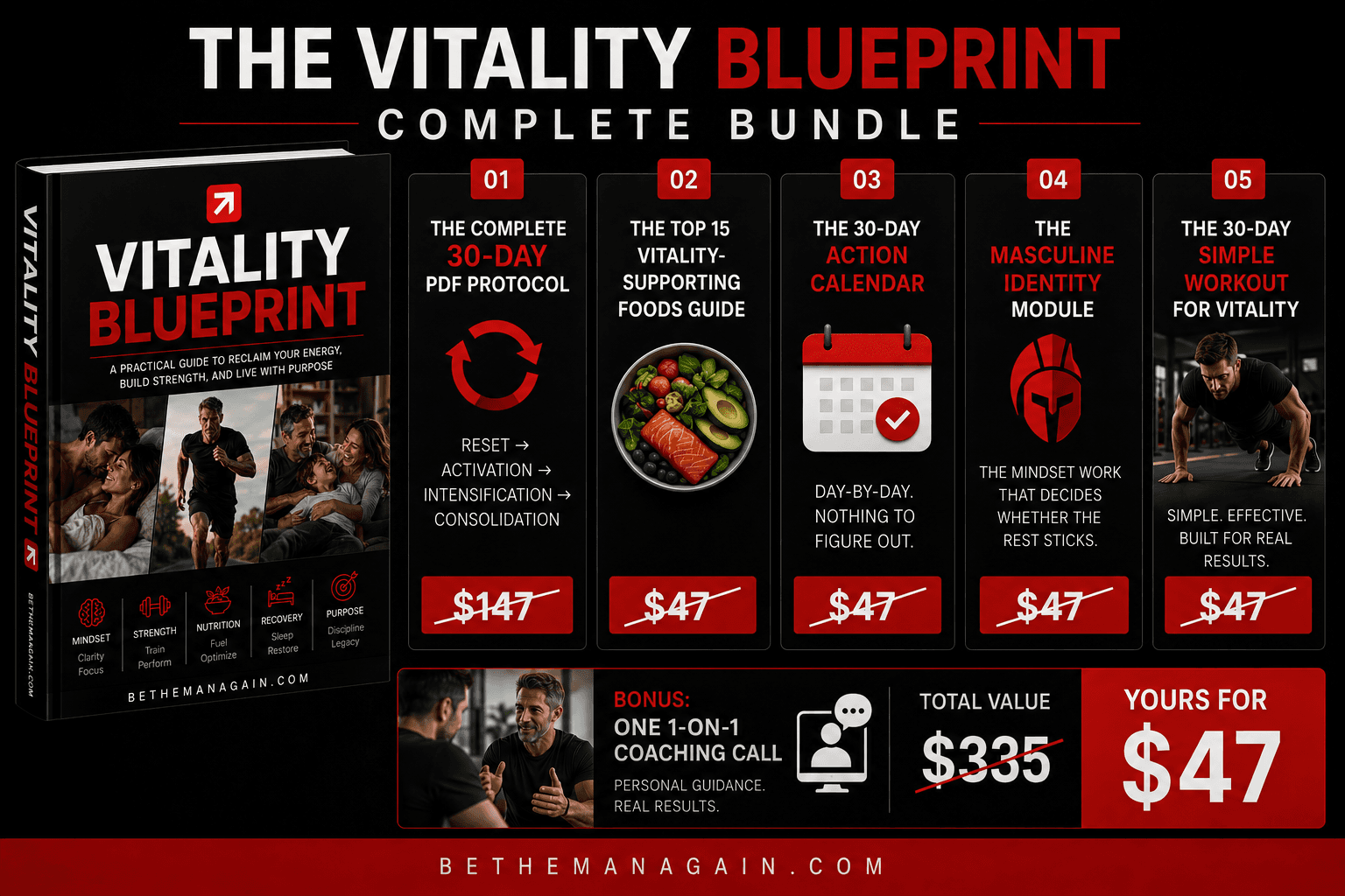 The Vitality Blueprint — Complete Bundle: 30-day PDF protocol, foods guide, action calendar, masculine identity module, simple workout, and 1-on-1 coaching call